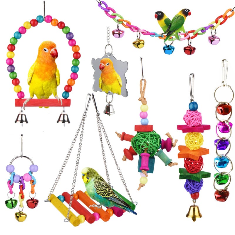 ESRISE 8 Pcs Parakeet Cockatiel Bird Toys, Parrots Cage Accessories Swing Wooden Perch Chewing Toy for Budgerigar, Conures, Love Birds, Finches, Budgies - Image 1